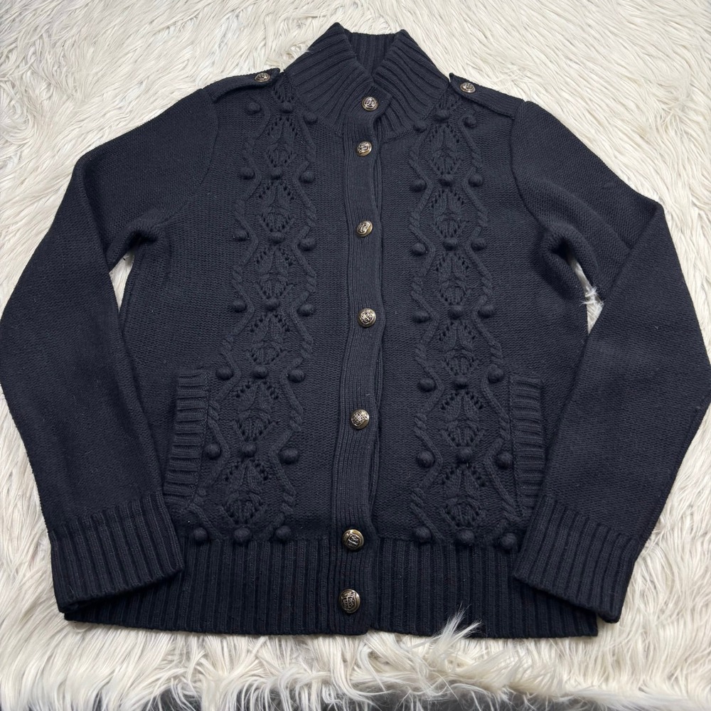 Talbots Women's SP‎ Black Pom Pom Button Front Cardigan Military Preppy